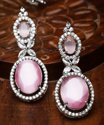 ZENEME Silver Tone Pink & White American Diamond studded Oval Shaped Drop Earrings Cubic Zirconia Brass Drops & Danglers