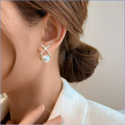 Vembley Korean Studded Cross Big White Pearl Drop Earrings For Women/Girls Cubic Zirconia Alloy Stud Earring