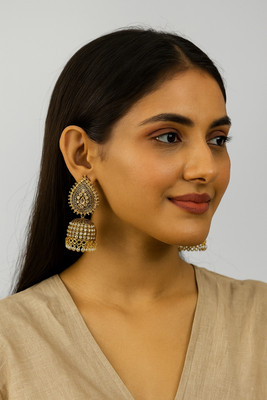 blimzo Gold Plated Kundan Pearl Jhumka Pearl Alloy, Gold Earring Set