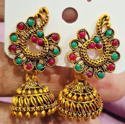 SAKETHAM Golden Elephant Duet Alloy Jhumki Earring