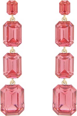 FRESH VIBES Stylish Long Hanging Baby Pink Colour Stone Western Style Korean Earrings Crystal Alloy, Crystal Huggie Earring