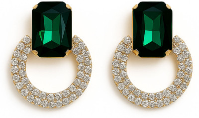 ONLINE_ESHOP Online_Eshop Green Topaz Stone Gold-Plated Oval Design Crystal Brass Stud Earring