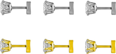 MAATRCHAAYA Trendy Silver Golden Solitaire Single Stone Bali Combo For Men Women (6 Pcs) Cubic Zirconia Stainless Steel Huggie Earring, Stud Earring, Earring Set