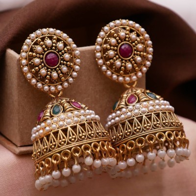 TINALIVA Traditonal Ethnic Pearl Studed Gold Platted Big Oxxidize Jhumka Jhumki For Women Pearl Alloy Jhumki Earring, Drops & Danglers, Chandbali Earring