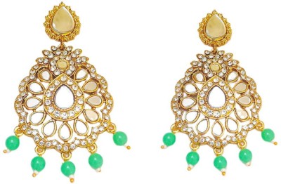 Amika Handcrafted Gold Plated & Green Beaded Mirror Worked Ethnic For Women/Girls Cubic Zirconia, White Zircon, Zircon, Pearl, Beads Metal Drops & Danglers