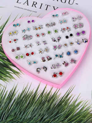 DIVINE 36 pair Silver multi stones combo with heart shape box for Girls. Plastic Stud Earring