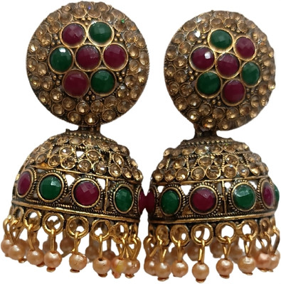 NEWLET HUB Designer Red & Green Polki Kundan Gold Plated Jhumka Earrings Alloy, Gold Jhumki Earring, Stud Earring