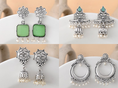 DASTOOR Combo of 4 Pairs Oxidised Silver Designer Silver Plated Jhumka & Chandbali Set Pearl Alloy Drops & Danglers