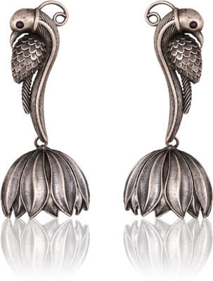 Tanusha Jewels SIMPLE & ELEGANT LOTUS JHUMKI EARING WITH BLACK SILVER LOOK Brass Jhumki Earring