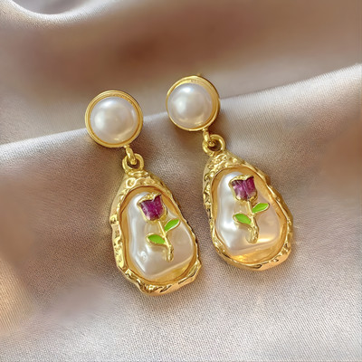 AuvriaZ Monet Flower Oil Painting Style Baroque Pearl Earrings korean for women and girl Pearl Alloy Drops & Danglers, Stud Earring