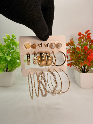uniqquejewels Golden and Pearl 9 Pair Earrings Set for Women Girls Fashion Studs and Hoops | Alloy Stud Earring, Hoop Earring, Earring Set