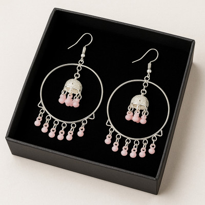 SONVI Sonvi Jewels Silver Hoop Earrings with Pink Beads & Dome Latkan Design Cubic Zirconia Alloy Hoop Earring