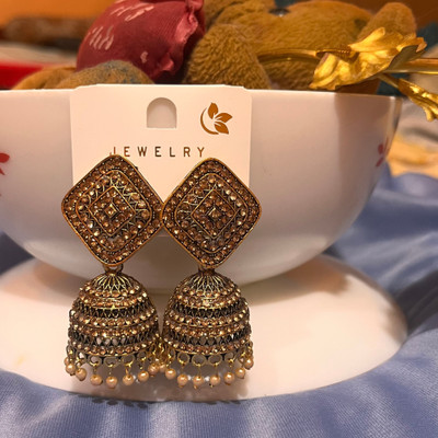 Jewelica Royal Golden Square Jhumka Earrings for Women & Girls Pearl Copper Jhumki Earring