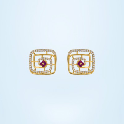 SORELLII Pair of Golden Earrings with Ruby and Diamonds Cubic Zirconia German Silver Stud Earring