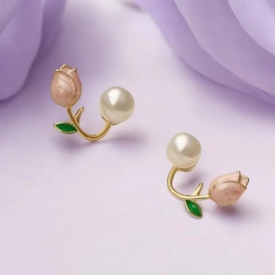 neze NZ 44 Pink Tulip Pearl Stud Earrings Alloy Cuff Earring