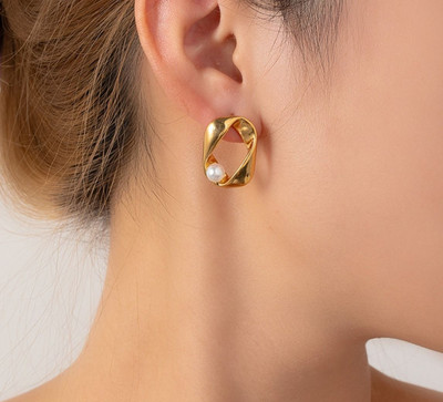 vien Trendy 18K Pearl Leaves Leaf Elegant Style Earrings Jewelry for Women Girl Pearl Stainless Steel Stud Earring