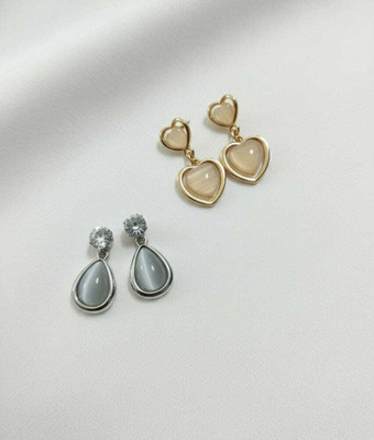 MD CREATIONS HUB Cat Eye Stud Earrings Combo (Set of 2) | Gold Heart & Silver Dangle for Women Cubic Zirconia Alloy, Brass Stud Earring