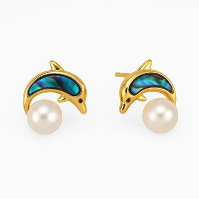 LP JEWELS Gold-Plated Dolphin Real Pearl Stud Earrings for Women Alloy Stud Earring