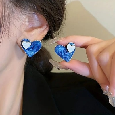 Shailaja Blue and White Dual Heart Earrings Crystal Alloy Stud Earring