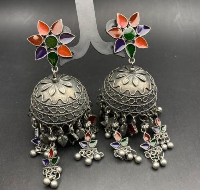 HELLAFASHION Oxidised Jewellery Black jhumkhas with meena style Pearl German Silver Jhumki Earring