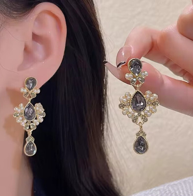 AKISON JEWELS Long Earrings Flower earrings Korean Earrings party wear earrings Cubic Zirconia, Diamond, Crystal, Pearl Alloy Earring Set, Drops & Danglers, Tassel Earring