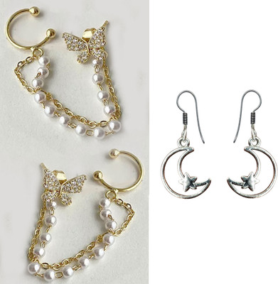 Fashion Fusion Butterfly Inspired Korean Earrings One with Chain and One without Cubic Zirconia Brass Drops & Danglers