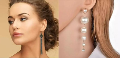 ZuriKrisha Combo of 2 White Pearl Earrings, Long Black Earrings for Girls & Women Pearl Alloy, Metal Hoop Earring