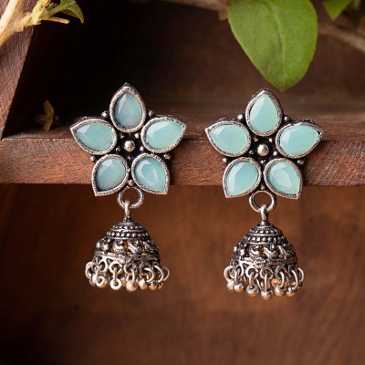 StylishKudi Mint Stone Studded Oxidised Dangler with Hanging Jhumki Earrings German Silver Stud Earring, Jhumki Earring