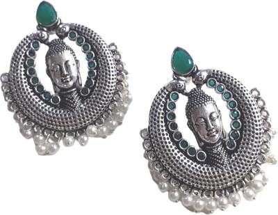 Mrigangi Stylish Trendy Oxidised Silver Lord Buddha Green Earring for Women and Girls Brass Earring Set
