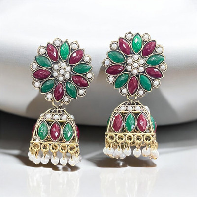 house of common Modern Trendy New Traditional Studded Golden jumka wedding Earrings Alexandrite, Beads, Pearl Alloy Earring Set, Drops & Danglers, Chandbali Earring, Jhumki Earring