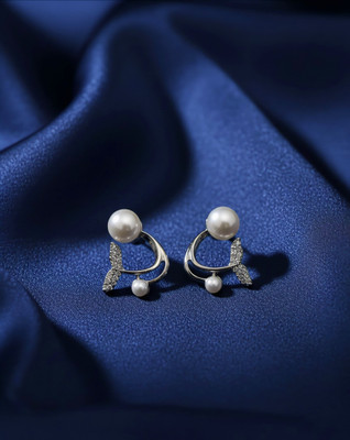 Jo Liora Silver Pearl & Crystal Leaf Stud Earrings for Women & Girls Alloy Stud Earring