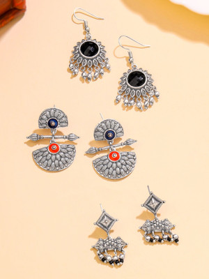 Qiroko Zehra Collection | Ethnic Stud Jhumka Pearl Combo of Three Oxidised Earring Set Brass Drops & Danglers, Jhumki Earring