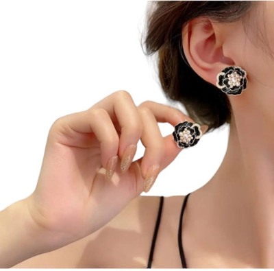 MAHADEV CREATION Black Flower Stud Earring Crystal Alloy Stud Earring