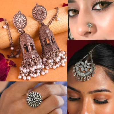 ISLANA Combo of 4 Earrings Ring Cuff Bracelet Bangles for Women and Girls Nosepin Alloy Jhumki Earring
