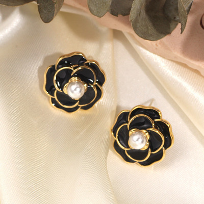 Miami Black rose Earrings for women korean earring girl moti Ear Ring stylish western Pearl Alloy, Metal, Stainless Steel Earring Set, Stud Earring