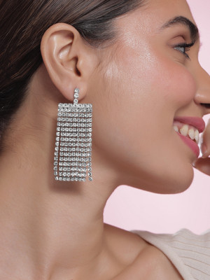 RUBANS Rhodium-Plated Statement Multi-Strand Cubic Zirconia Dangle Earrings Cubic Zirconia Brass Drops & Danglers