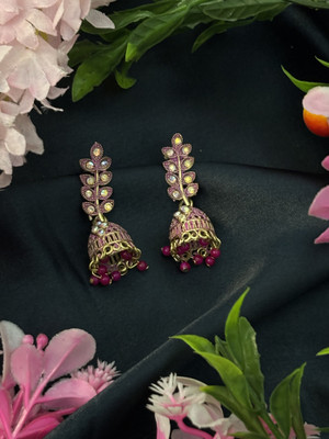 SHYAMZAN Elegant Pink Gold-Plated Floral Drop Earrings with Ruby Beads Beads Alloy Jhumki Earring