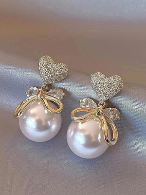 AainaByParul White Pearl V Shaped Pearl Alloy Drops & Danglers
