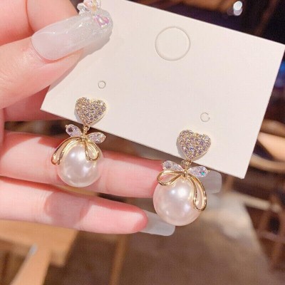 DEVISHA Korean Fashion Love Bow Big Pearl Stud Designer Collection Drop Earrings Pearl, Crystal Alloy Stud Earring