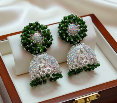 pas Unique green Beaded Stone Jhumka Earrings for girls & women for party wear Crystal, Beads Alloy Plug Earring, Jhumki Earring, Earring Set, Drops & Danglers