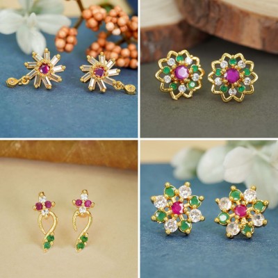 RAMDEV ART FASHION JEWELLERY Lightweight and Stylish Combo of 4 in 22K Gold-Plated Studs Diamond Brass Earring Set