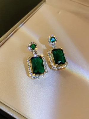 FashionAmora Gold Plated Korean Style Green Stone Decor Drop Earrings Alloy Drops & Danglers