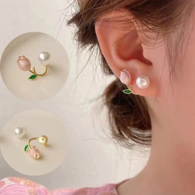 polluxcraft PolluxCraft Korean Earrings for Women and Girl /White and Pink Earring 01-Pair Pearl Alloy Stud Earring, Clip-on Earring