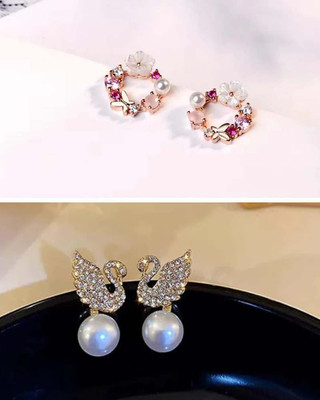 RV YUWON Combo of 2 Pink Fairy Stud and round minimal Earrings Cubic Zirconia, Pearl, Zircon, White Zircon Stainless Steel Drops & Danglers, Stud Earring