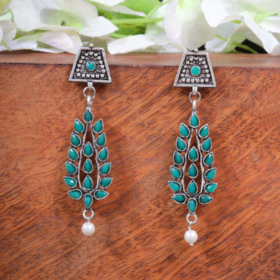 StylishKudi Green Stone Studded Statement Earrings With Hanging Pearls Brass Earring Set