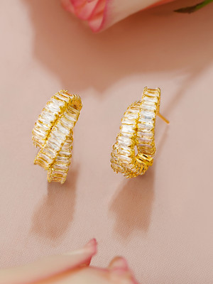 RUBANS 18K Gold-Plated White Cubic Zirconia Studded Textured Hoop Earrings Brass Stud Earring