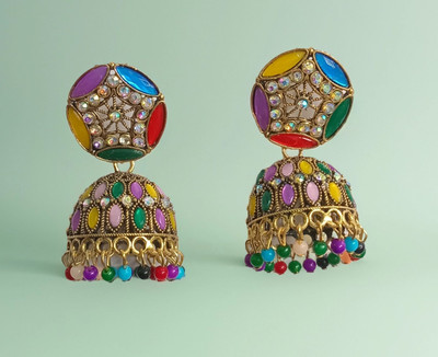 DIY Designer Multicolor Stone Jhumka Earrings for Women – Festive & Traditional Wear Beads, Crystal, Pearl Copper Hoop Earring