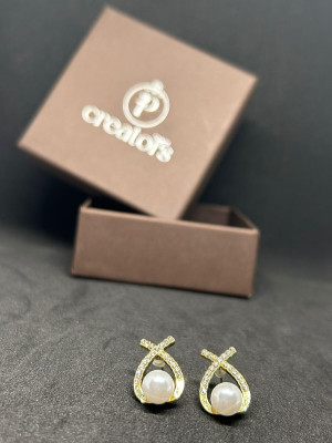 PTwoCreator Korean Diamond Studded Cross Pearl Stud Earrings With Premium Jewellery Box Alloy Drops & Danglers