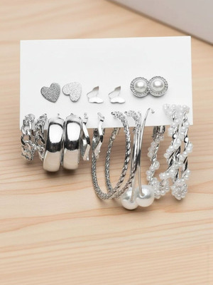 Dressberry Combo of 9 Pair Silver Plated Butterfly Heart Chain Pearl Earrings for females Alloy Hoop Earring
