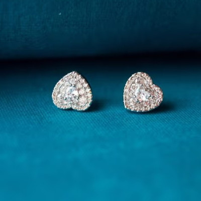 Lakhdatar and Sons Jewellers Heart-Shaped Halo Diamond Stud Earrings Cubic Zirconia Sterling Silver Stud Earring